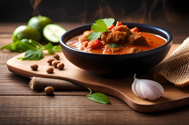 A bowl of red curry with beans and limes on a wooden board.