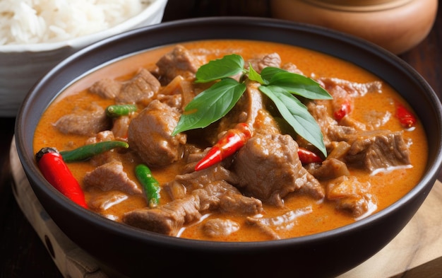 A bowl of red curry with a green leaf on top