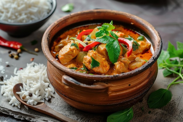 A bowl of red curry with green peppers