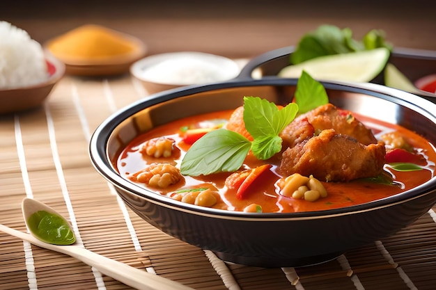 A bowl of red curry with meat and vegetables.