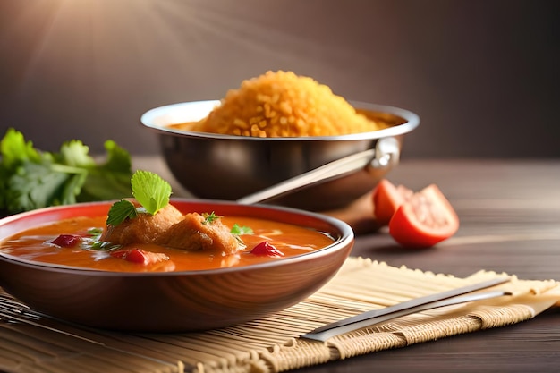 A bowl of red curry with rice and a bowl of cilantro.