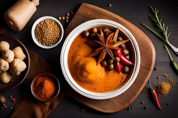 A bowl of red curry with a spiced star on top