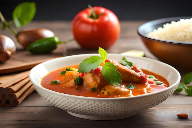 A bowl of red curry with tomatoes and cilantro on the side.