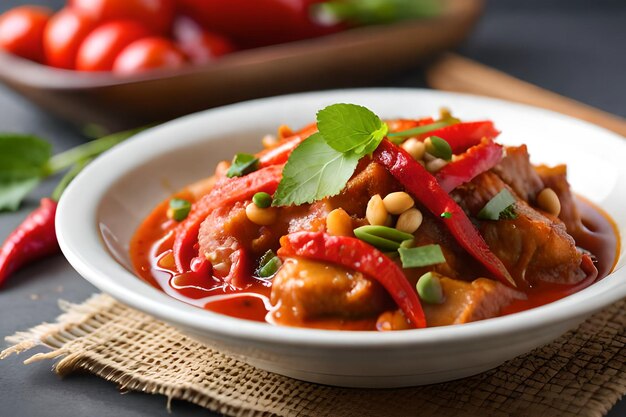 A bowl of red curry with vegetables and a bowl of tomatoes in the background.