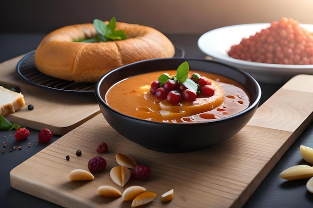 A bowl of red fruit soup with a bread bowl on a wooden cutting board.