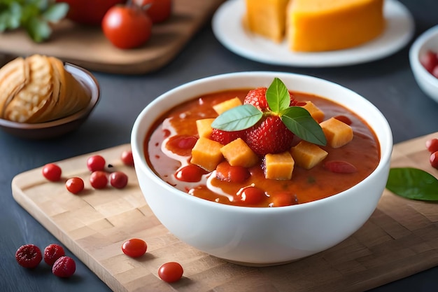 A bowl of red fruit soup with a strawberry on the top.