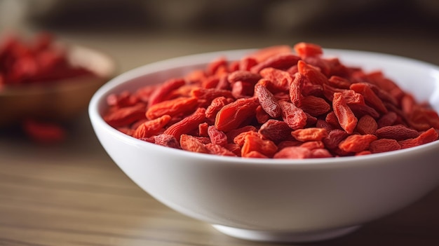 A bowl of red goji berries sits on a table.
