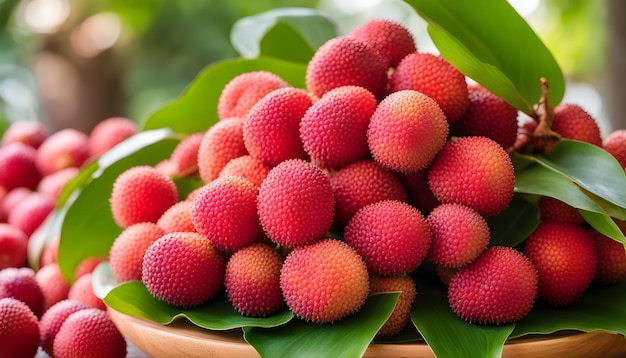 Photo a bowl of red and green fruit with leaves and a green leaf