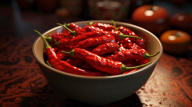 a bowl of red hot peppers with a white bowl of chili