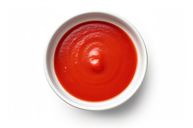 A bowl of red ketchup on white background