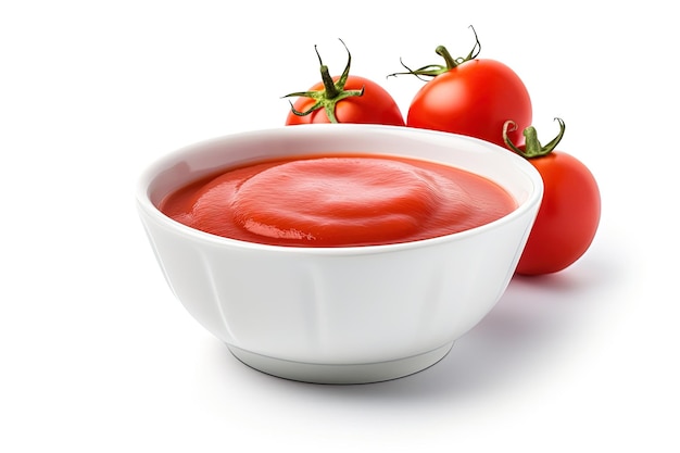 Foto una ciotola di ketchup rosso su sfondo bianco