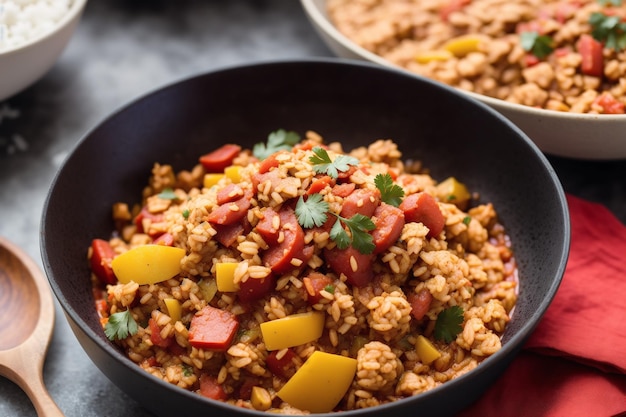 A bowl of red lentil sausage and sausage with a red napkin on the side.