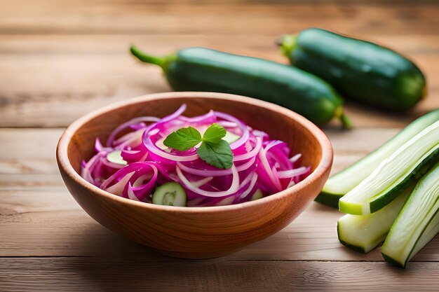 A bowl of red onions with cucumbers on the side