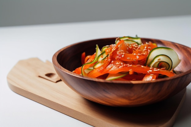 A bowl of red and orange cucumber salad with a wooden edge.