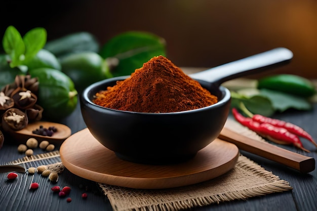 A bowl of red pepper powder sits on a table next to a cutting board.