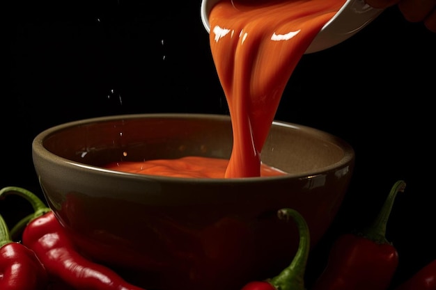 a bowl of red pepper sauce with a spoon in it