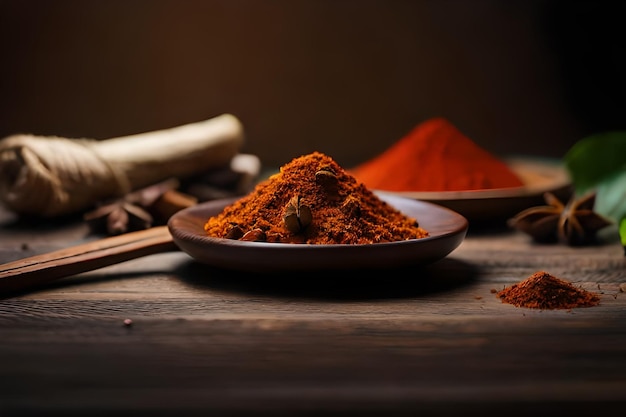 a bowl of red pepper sits on a wooden table