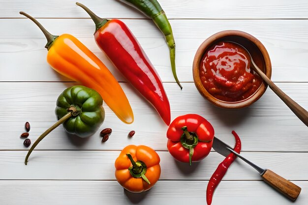 Photo a bowl of red peppers and a knife on a wooden table.