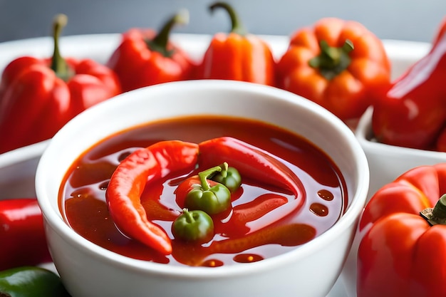 a bowl of red peppers with a white bowl of ketchup.