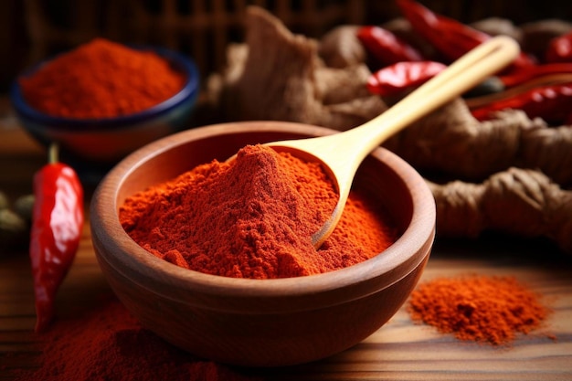 a bowl of red powder next to a wooden spoon.