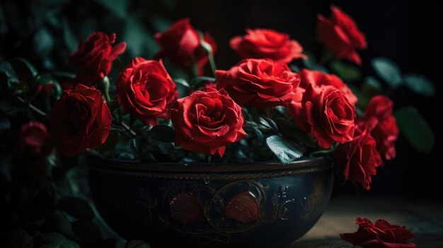 A bowl of red roses with green leaves on the bottom