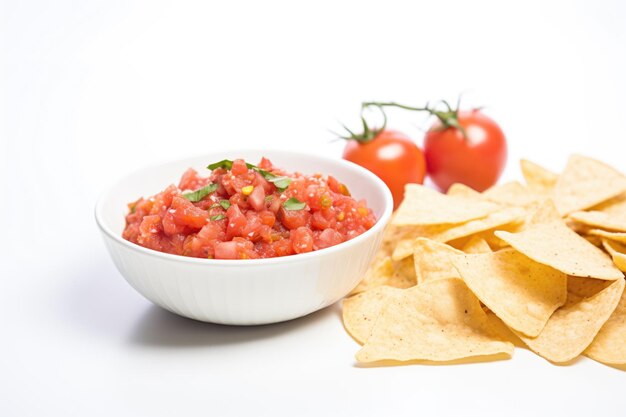 Bowl of red salsa surrounded by a ring of tortilla chips on white background