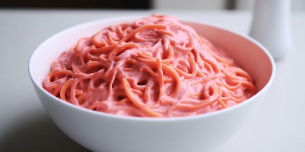 A bowl of red spaghetti with a pink sauce on top.