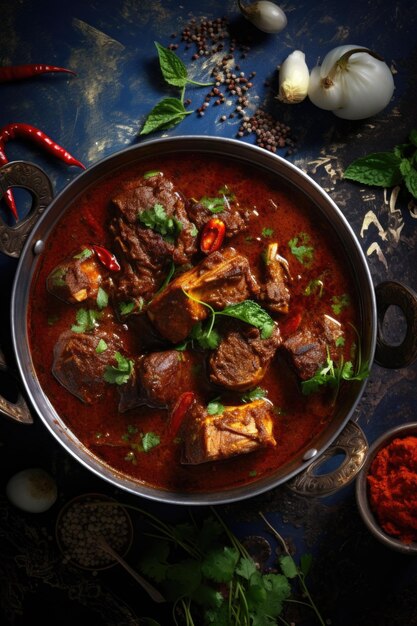 Photo a bowl of red stew with meat and green herbs