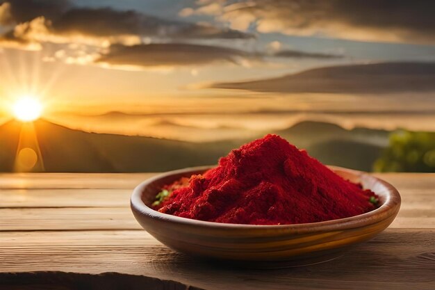 A bowl of red tea on a table with a sunset in the background