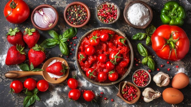 Foto una ciotola di pomodori rossi e basilico si trova su un bancone con altri ingredienti