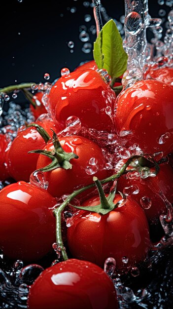 a bowl of red tomatoes with water splashing on them