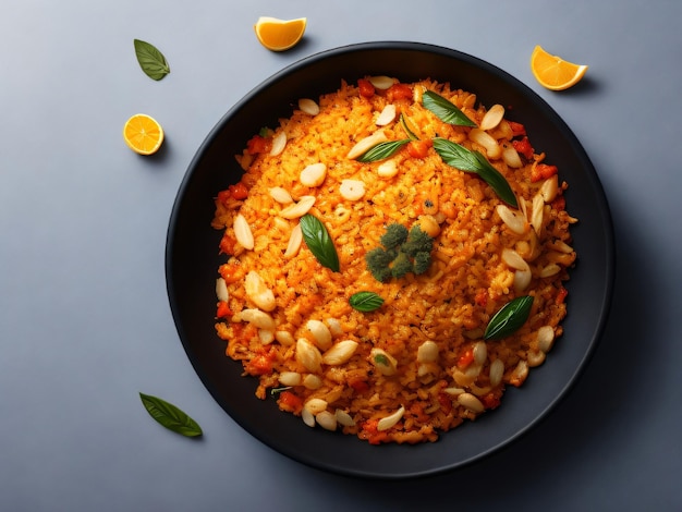 A bowl of red and white rice with green leaves on top.