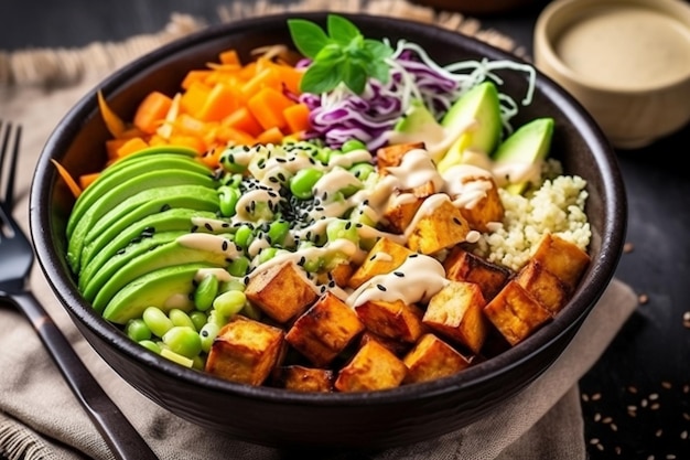 A bowl of rice, avocado, and avocado salad.