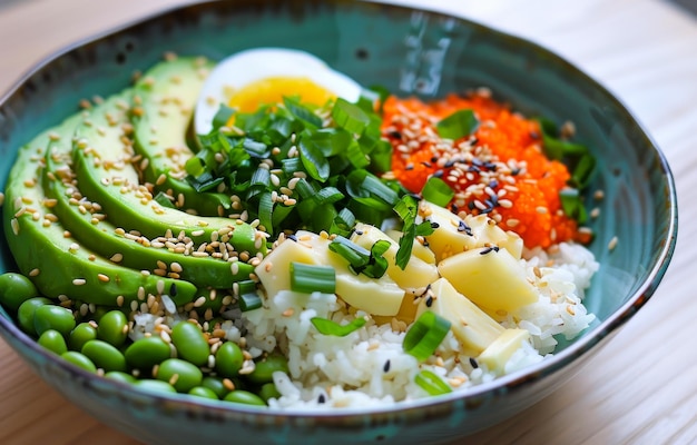 Bowl of rice avocado egg edamame carrots and green onions