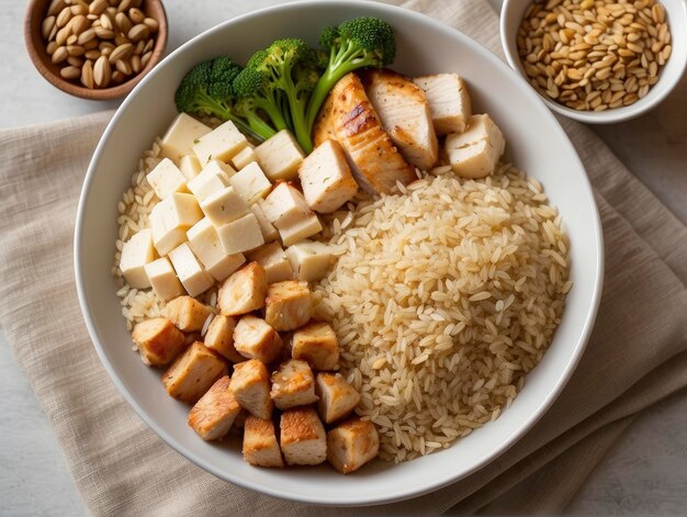 a bowl of rice broccoli and tofu in bowls