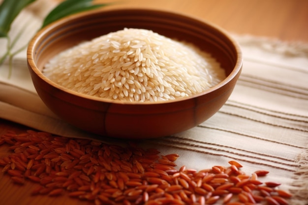 A bowl of rice grains placed on a bamboo mat