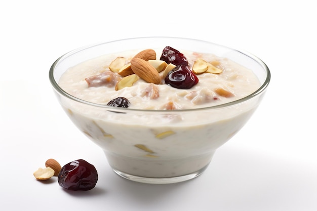 A bowl of rice pudding with dry fruits on white background