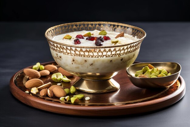 Bowl of rice pudding with fruits on a black background