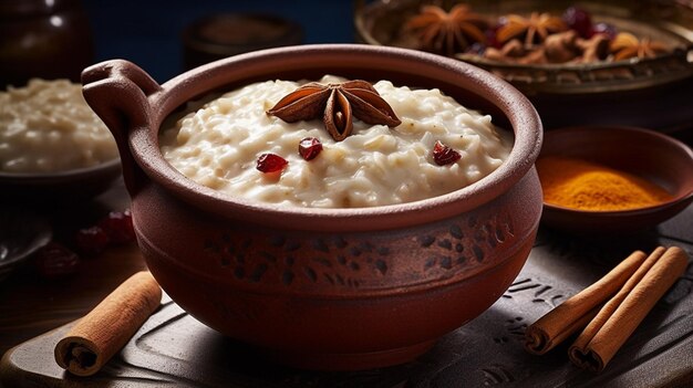 A bowl of rice pudding with a star anise on top