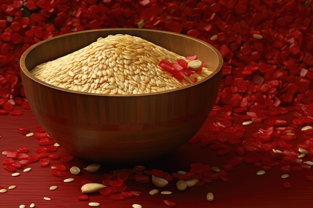 Bowl of Rice in a Red and Gold Setting