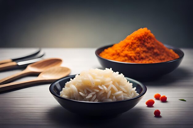 A bowl of rice, rice, and other ingredients on a table