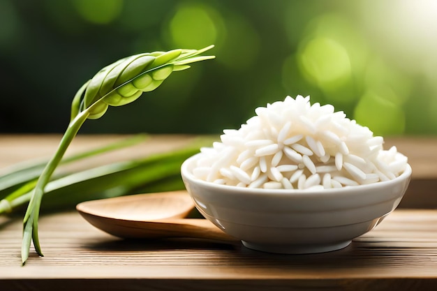 A bowl of rice sits on a table with a green leaf behind it.