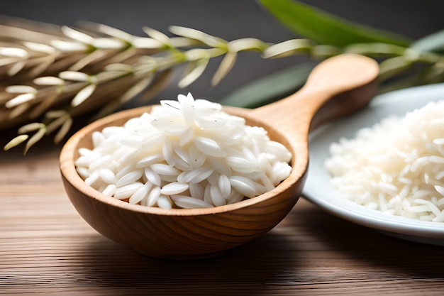 A bowl of rice sits on a wooden spoon next to a plate of rice.