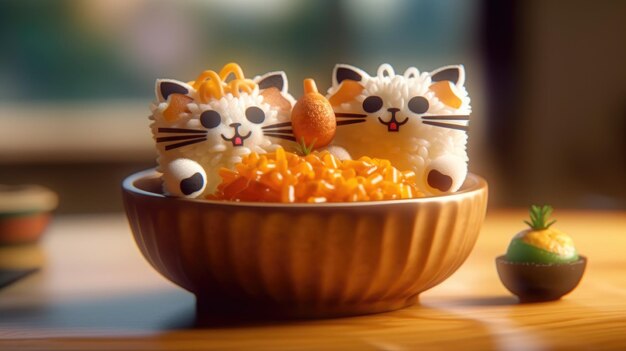 A bowl of rice and two cats with a piece of orange on top