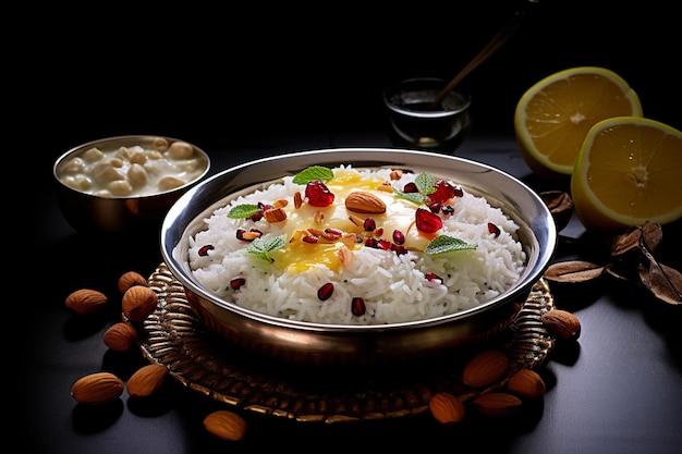 A bowl of rice with almonds and nuts on top