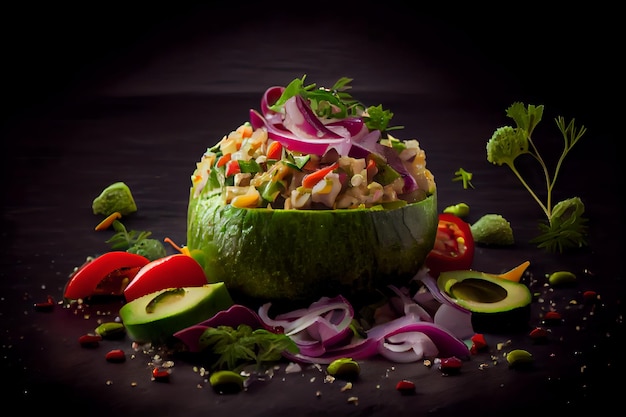 A bowl of rice with avocado and red peppers on top