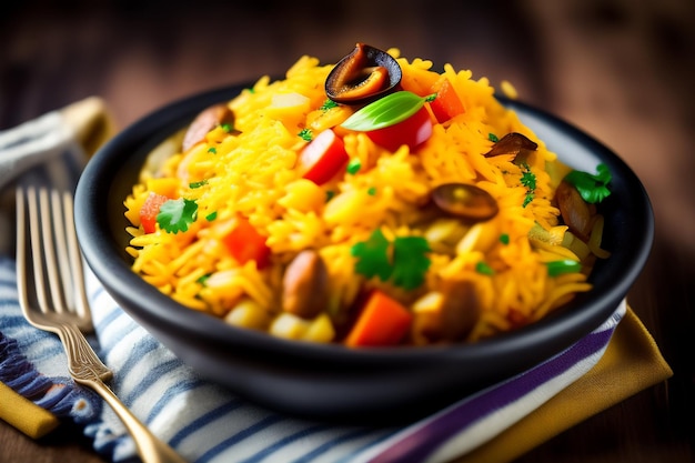 A bowl of rice with beans and vegetables on top