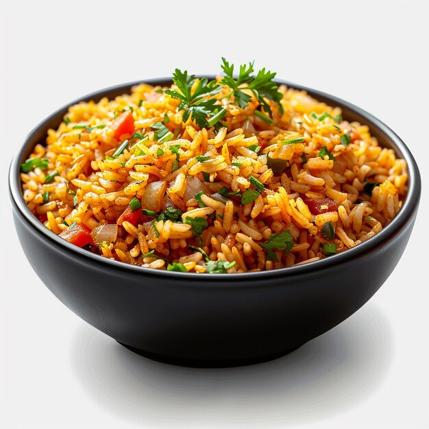 Photo a bowl of rice with a black bowl with a green pepper on it