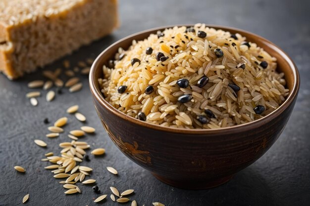 Photo bowl of rice with black sesame on dark background