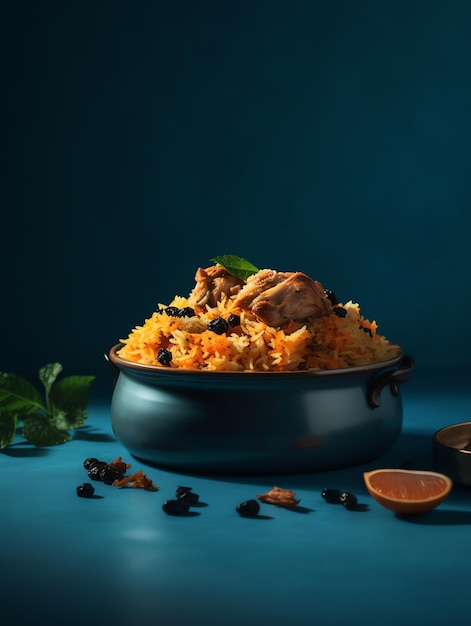 A bowl of rice with a blue background and a black bowl with a chicken and black beans.